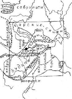 Карта Скифии, реконструированная по данным Геродота, Ареалы археологических культур: 1 – чернопесской (будины); П – воронежской группы (будины, 2-й надел); 111 – милоградский (невры); IV - юхновский (меланхлены)