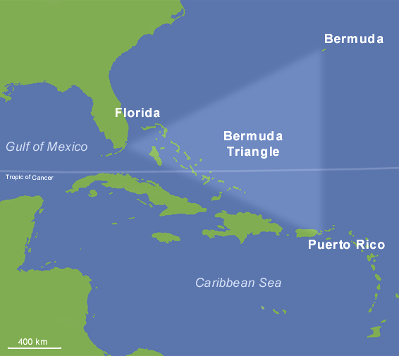 В этом районе, обычно именуемом Бермудским треугольником, исчезли без следа (после 1945 года) более 100 самолетов и судов (в том числе подводных лодок) и более тысячи человек